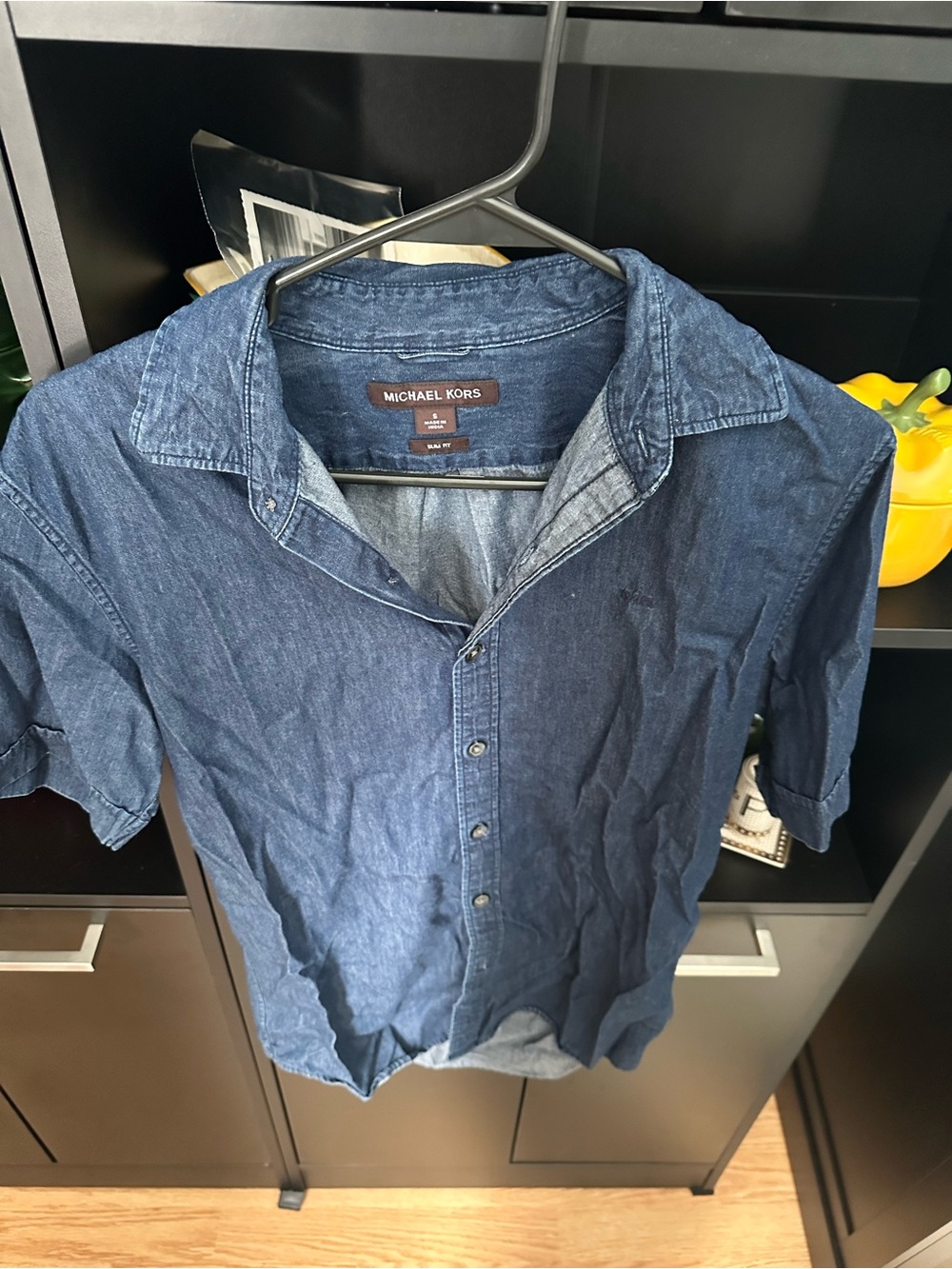 Michael Kors Men’s Dark Blue Denim Short-Sleeve Button-Down Shirt